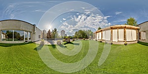 spherical 360 hdri panorama place for relaxation and yoga on roof of building with green grass in equirectangular seamless