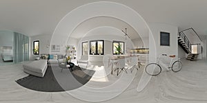 Spherical 360 panorama projection Scandinavian style interior design 3D rendering