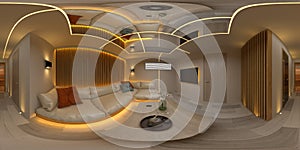 Spherical 360 seamless panorama projection Interior modern design room 3D illustration