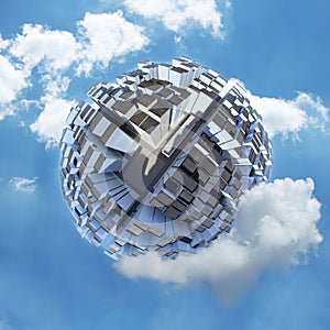 Spherical city world in clouds