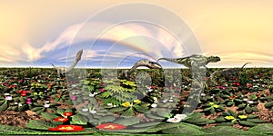 Spherical 360 degrees seamless panorama with the dinosaurs Yangchuanosaurus and Coelophysis photo