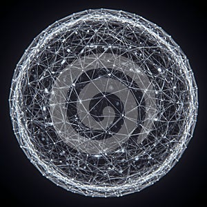 A spherical digital network structure composed of interconnected lines and glowing