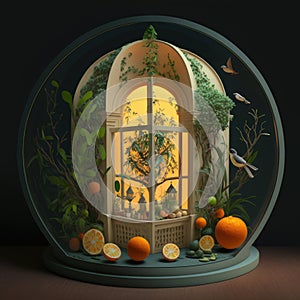 A spherical diorama of an orangery with trees and oranges around it. Created with Generative AI