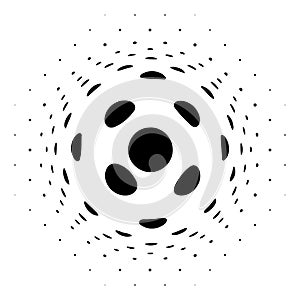 Spherical distortion halftone dots element. Orb, ball deform on bulge, bump speckles, polka-dots and screentone.Pointillist,