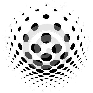 Spherical distortion halftone dots element. Orb, ball deform on bulge, bump speckles, polka-dots and screentone.Pointillist,