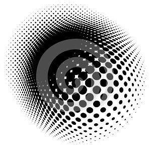 Spherical distortion halftone dots element. Orb, ball deform on bulge, bump speckles, polka-dots and screentone.Pointillist,