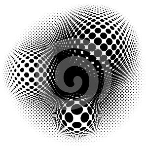 Spherical distortion halftone dots element. Orb, ball deform on bulge, bump speckles, polka-dots and screentone.Pointillist,