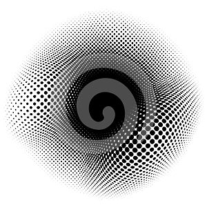 Spherical distortion halftone dots element. Orb, ball deform on bulge, bump speckles, polka-dots and screentone.Pointillist,