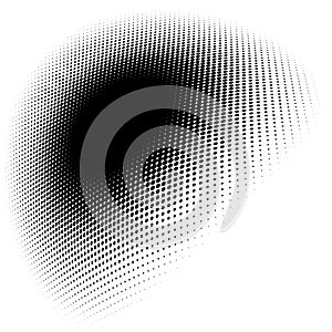 Spherical distortion halftone dots element. Orb, ball deform on bulge, bump speckles, polka-dots and screentone.Pointillist,