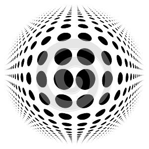 Spherical distortion halftone dots element. Orb, ball deform on bulge, bump speckles, polka-dots and screentone.Pointillist,