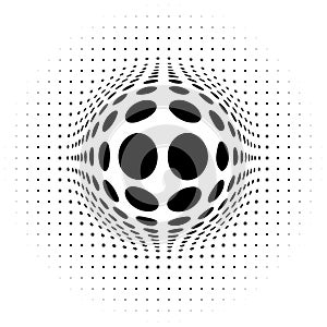 Spherical distortion halftone dots element. Orb, ball deform on bulge, bump speckles, polka-dots and screentone.Pointillist,