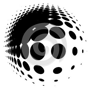 Spherical distortion halftone dots element. Orb, ball deform on bulge, bump speckles, polka-dots and screentone.Pointillist,