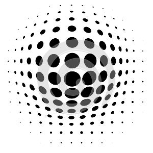 Spherical distortion halftone dots element. Orb, ball deform on bulge, bump speckles, polka-dots and screentone.Pointillist,