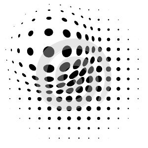 Spherical distortion halftone dots element. Orb, ball deform on bulge, bump speckles, polka-dots and screentone.Pointillist,