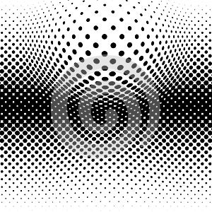 Spherical distortion halftone dots element. Orb, ball deform on bulge, bump speckles, polka-dots and screentone.Pointillist,