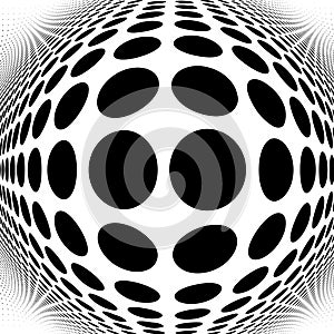 Spherical distortion halftone dots element. Orb, ball deform on bulge, bump speckles, polka-dots and screentone.Pointillist,