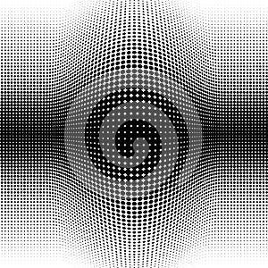 Spherical distortion halftone dots element. Orb, ball deform on bulge, bump speckles, polka-dots and screentone.Pointillist,