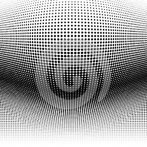 Spherical distortion halftone dots element. Orb, ball deform on bulge, bump speckles, polka-dots and screentone.Pointillist,