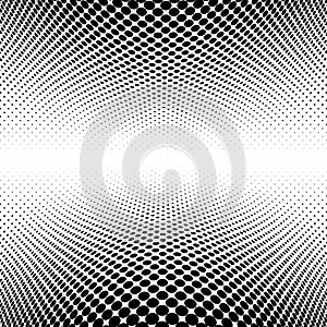 Spherical distortion halftone dots element. Orb, ball deform on bulge, bump speckles, polka-dots and screentone.Pointillist,