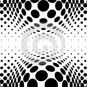 Spherical distortion halftone dots element. Orb, ball deform on bulge, bump speckles, polka-dots and screentone.Pointillist,