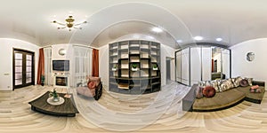 spherical hdri 360 panorama in interior of vip guest room hall in apartment or hotel with sofa table armchairs and tv in
