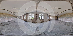 Spherical 360 hdri panorama in abandoned interior of large empty room as warehouse, hangar or gallary and windows with broken