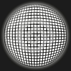 Spherical mesh pattern. Distorted grid vector. Black white illusion. 3d perspective shape.