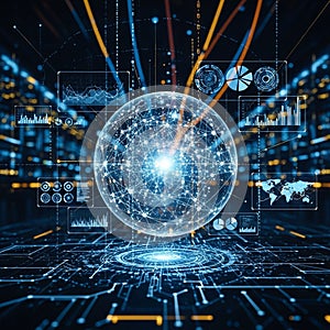 Spherical network with interconnected nodes and lines symbolizing data