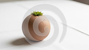 A spherical object resembling an egg sits on a white surface