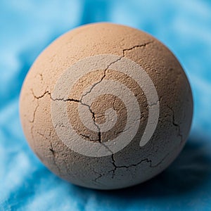 Spherical object with a rough brown surface sits on a blue fabric