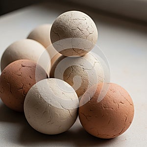 Spherical objects are arranged on a flat surface, resembling