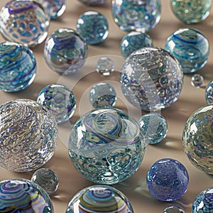 Spherical objects resembling marbles are scattered across a surface. They possess