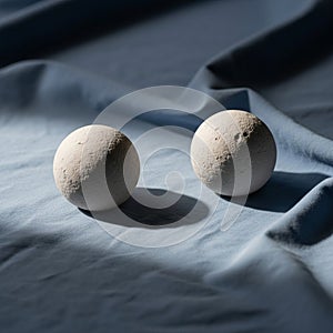 Spherical objects resting on a blue fabric with soft lighting creating