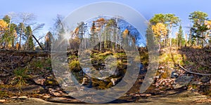 Spherical panorama 360 degrees 180 river stream in the forest and a fallen tree. vr content