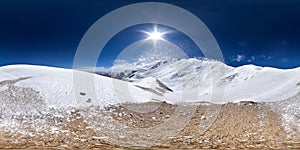 Spherical panorama of the Pamir mountain. Slope of Lenin Peak to an altitude of 5800 meters. Spherical panorama 360