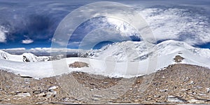 Spherical panorama of the Pamir mountain. Slope of Lenin Peak to an altitude of 5900 meters. Spherical panorama 360