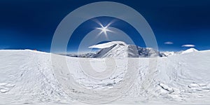 Spherical panorama of the Pamir mountain. Slope of Lenin Peak to an altitude of 6100 meters. Spherical panorama 360