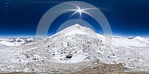 Spherical panorama of the Pamir mountain. Slope of Lenin Peak to an altitude of 6900 meters. Spherical panorama 360