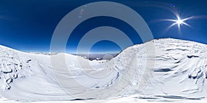 Spherical panorama of the Pamir mountain. Slope of Lenin Peak to an altitude of 6900 meters. Spherical panorama 360