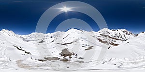Spherical panorama of the Pamir mountain. Spherical panorama 360 degrees 180 Mountain hiker to climb a mountain of snow