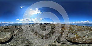 Spherical panorama on the peak of Mount Nuolja, Norrbotten, Sweden. Equirectangular projection is used