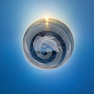 Spherical panorama of the sunrise on the island of Olkhon, snowy