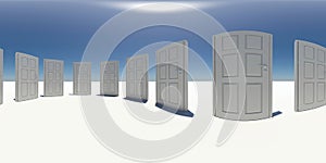 Spherical panorama of white doors. Blue sky as