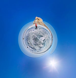 The spherical polar panorama of 360 people at the rock on the ice of Lake Baikal. Little planet