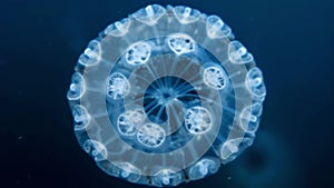 A spherical radiolarian with a delicate intricately patterned exoskeleton gliding through the depths of the ocean. . AI