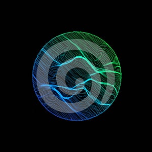 A spherical shape composed of undulating lines in shades of blue and green on a