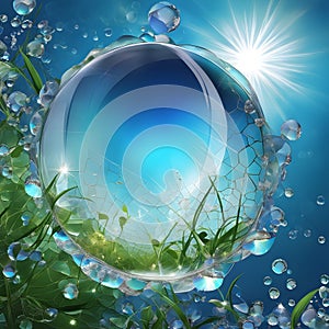 A Spherical Water Droplet with a Blue Sky and Greenery. World is protected by Ozone layer