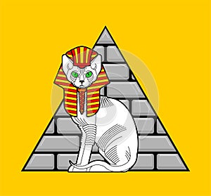 Sphinx cat and Egyptian pyramid. Sacred animal of Egypt. Secret mystic pet sign