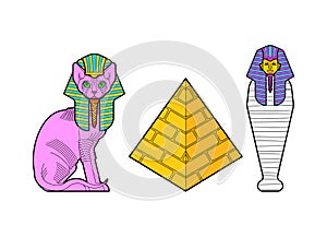 Sphinx cat and Egyptian pyramid set. Sacred animal of Egypt. Secret mystic pet sign