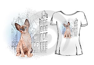 Sphinx cat in the old European city for t-shirt design